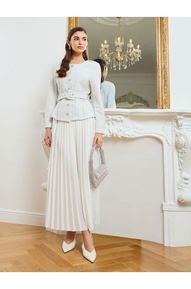 Women Off-White Tweed Top and Pleated Skirt Co-Ords