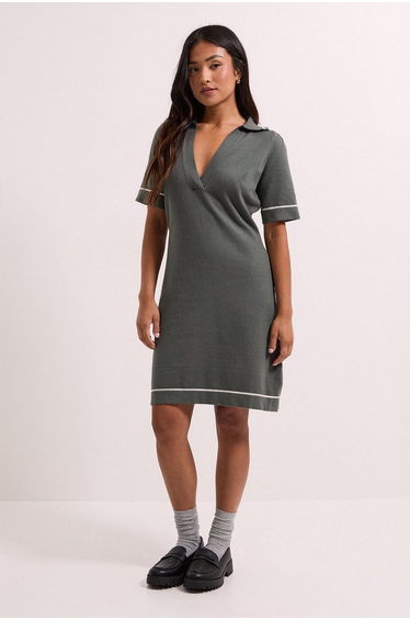 Petite Khaki V Neck Knitted Tipped Mini Dress