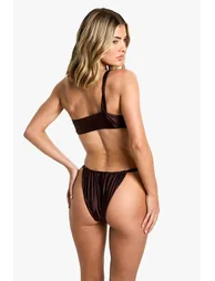 Pearl Trim Asymmetric Bandeau Bikini Top & Tanga Bikini Bottoms Set - chocolate - 2