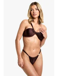 Pearl Trim Asymmetric Bandeau Bikini Top & Tanga Bikini Bottoms Set - chocolate