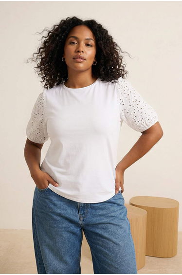 Ecru Soft Fabric with Ruffled Sleeves 100% Cotton Knitted Plus Size Blouse