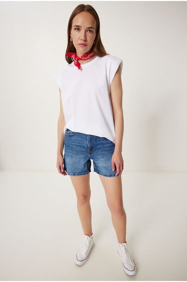 Women's White Padded Basic Knitted T-Shirt