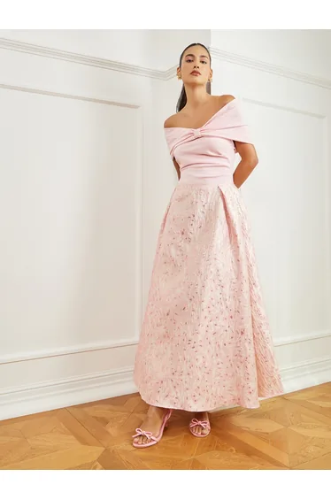 Pink Jacquard Off-Shoulder A-Line Maxi Dress