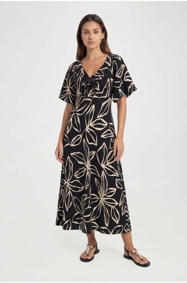 Tall Floral Print Textured Volume Sleeve Midaxi Dress - black