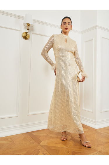 Gold Sequin Embellished Feather Trim Maxi Dress