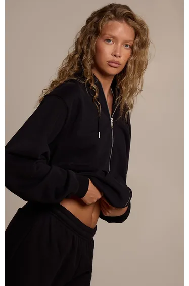 Black Cotton Fleece Full Zip Hoodie