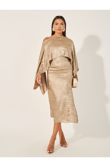 One Shoulder Neck Cape Sleeve Midi Dress