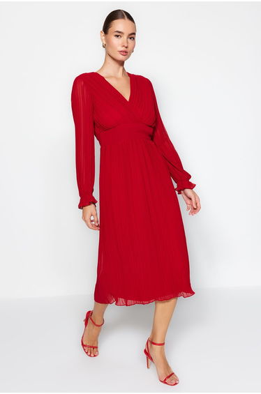 Red Pleated Lined Chiffon Woven Dress
