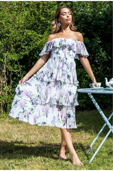 Goddiva Shirred Chiffon Floral Bardot Midi - Multi