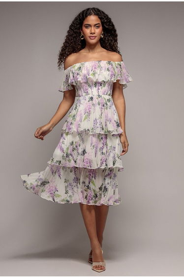 Goddiva Shirred Chiffon Floral Bardot Midi - Multi