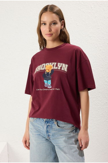 Claret Red 100% Cotton Teddy Bear Printed Oversize/Wide Pattern Crew Neck Knitted T-Shirt