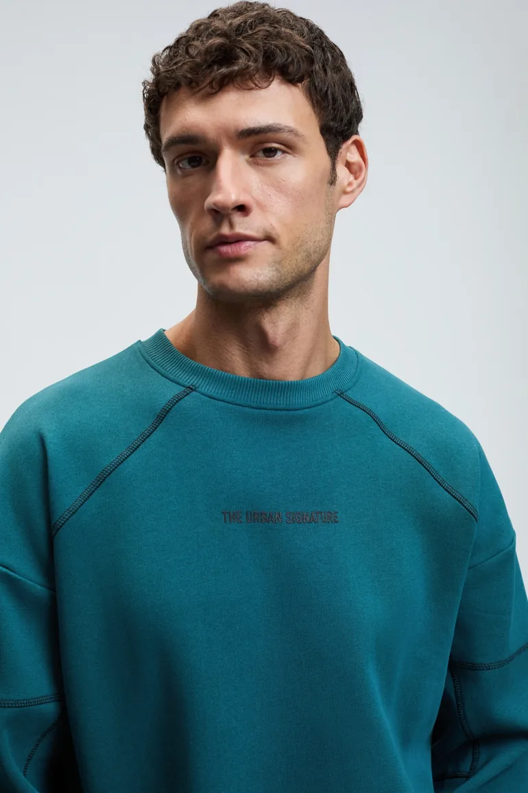 GRIMELANGE HAL Men's Round Neck Printed Regular Fit Green Sweatshirt with Decorative Stitch Details on Front and Sleeves - 4