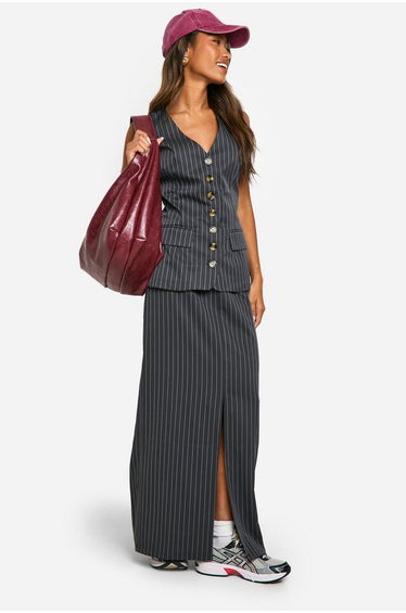 Tonal Pinstripe Split Back Column Maxi Skirt - charcoal