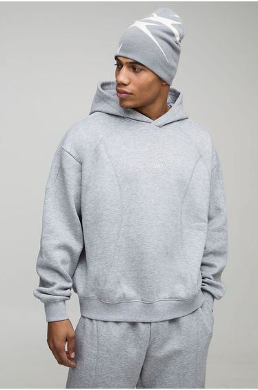 Oversized Boxy Embroidery Detail Hoodie - grey marl