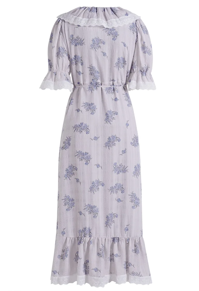 Ditsy Floral Embroidery Ruffled Wrap Cotton Dress in Lilac for Countryside Picnics & Weekend Retreats - 11