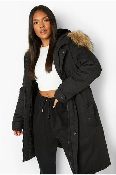 Plus Faux Fur Trim Parka - black