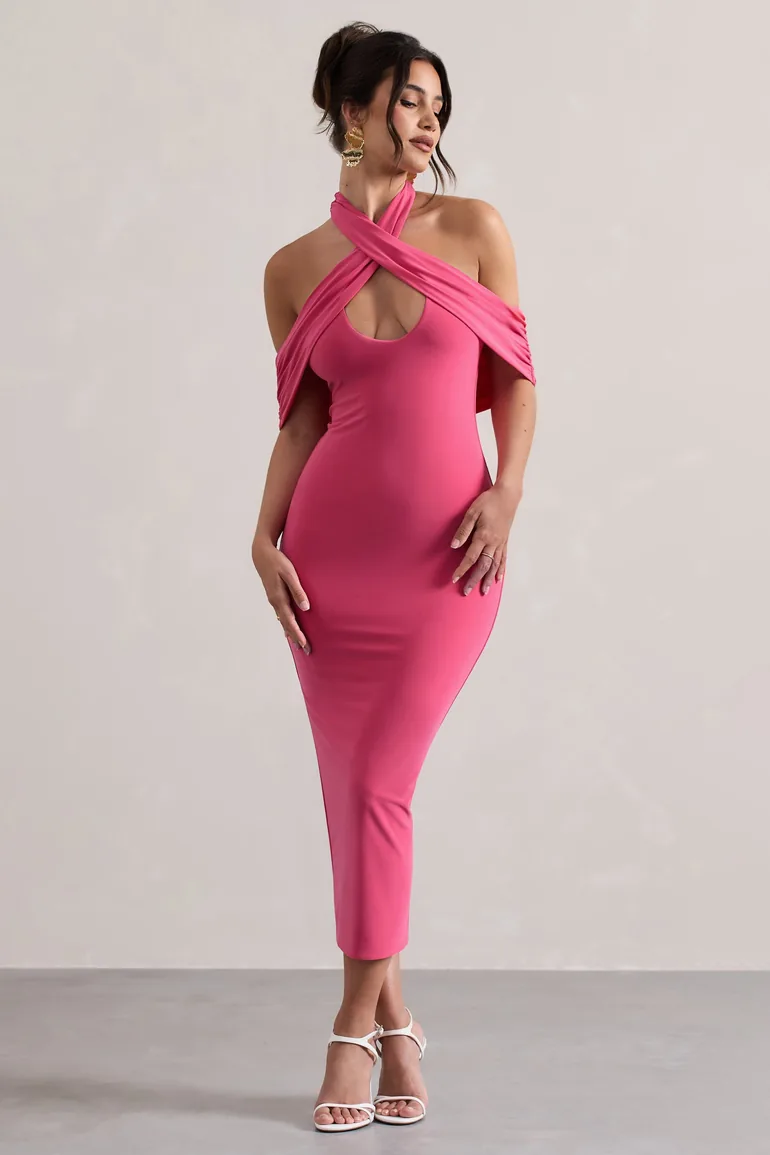Shop Connect | Coral Bodycon Halter-Neck Midi Dress With Cut-Out Online in Jordan Shop Connect | Coral Bodycon Halter-Neck Midi Dress With Cut-Out Online in Jordan