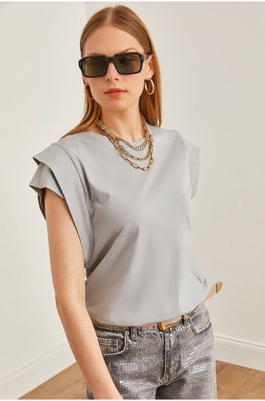 Women's Dolphin Gray Sleeve Detailed Cotton T-Shirt