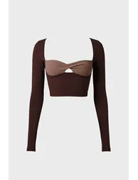 توب بو+تي بني قصير بفتحة بأكمام طويلة - 2