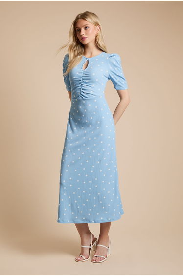 Blue Spot Short Sleeve Keyhole Jersey Midi Dress