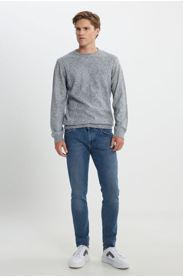 Gray melange standard fit normal cut crew neck soft textured knit sweater