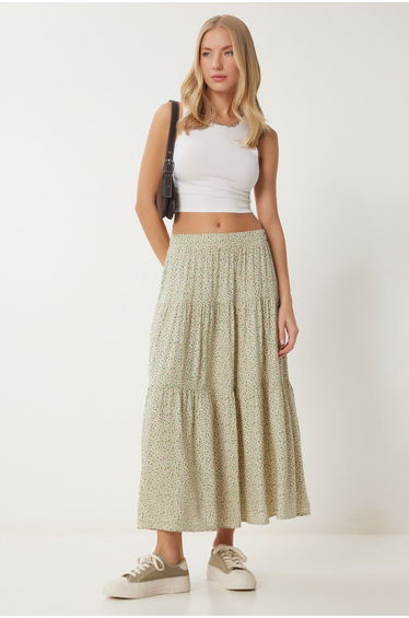 Women's Green Floral Slim Summer Woven Skirt