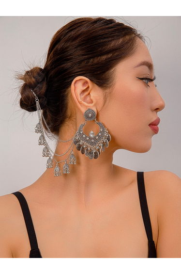 Coin Drop Texture Tassel Hair Chain Earrings