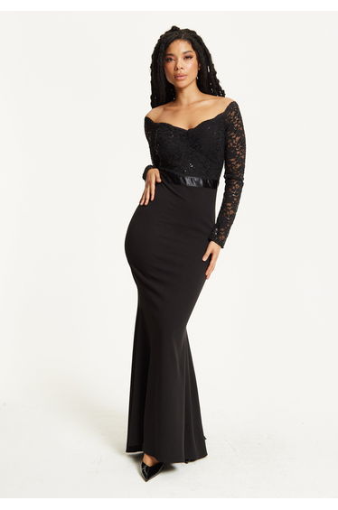 Black Lace Long Sleeve Maxi Dress