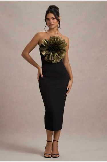 Moya | Black & Gold Bodycon Midaxi Dress With Corsage Detail