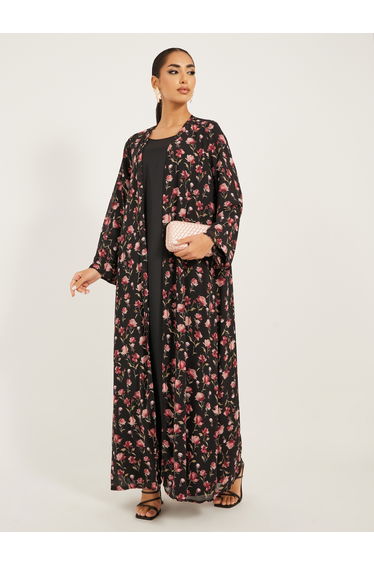 Floral Print Abaya with Solid Inner Dress Modest Set
