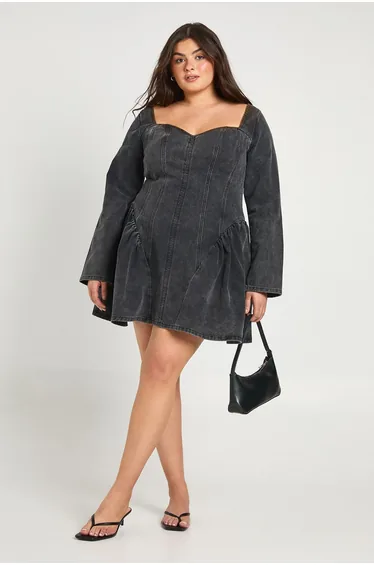 Plus Denim Seam Detail Skater Dress - washed black