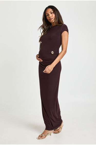 Maternity Ruched Waist Trim Detail Cap Sleeve Maxi Dress - chocolate