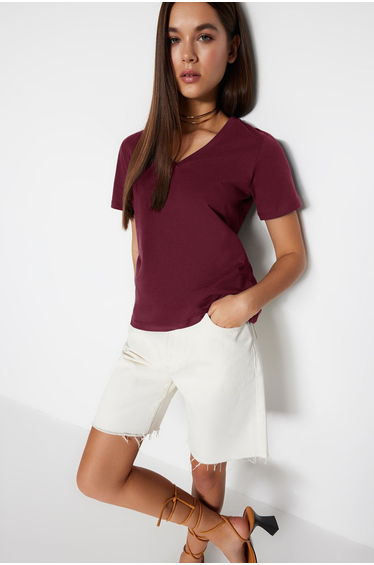 Dark Cherry 100% Cotton Basic V Neck Knitted T-Shirt