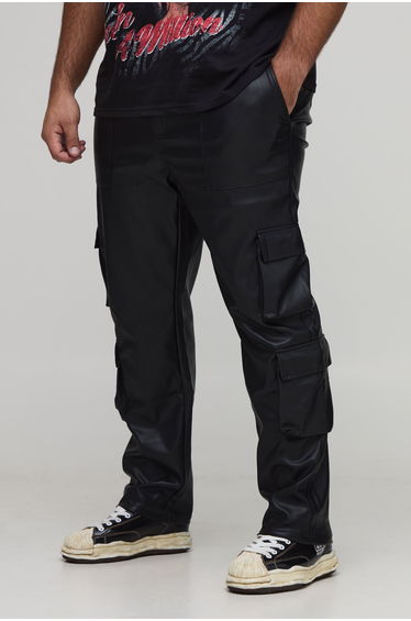 Plus Leather Look Multi Cargo Stacked Flared Trousers