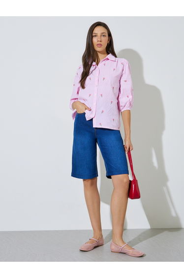Pink Striped Embroidered Detail Cotton Shirt