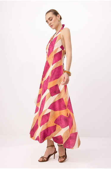 Multi Color Geometric Patterned V-Neck Maxi Woven Dress