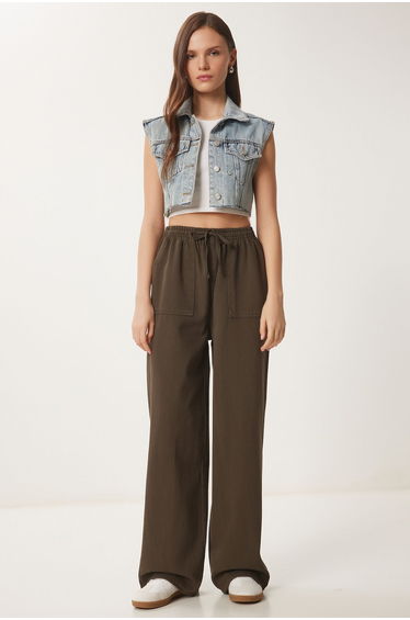 Women's Dark Khaki Faded Effect Wide Leg Denim Palazzo Trousers