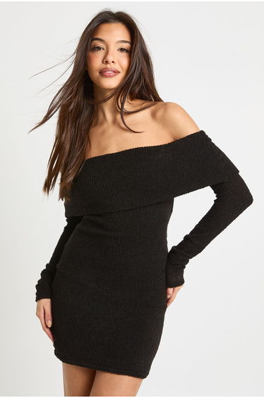 Textured Deep Bardot Mini Dress - black