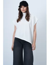 Women's White Mock Neck Asymmetrical Cut Sleeveless Blouse