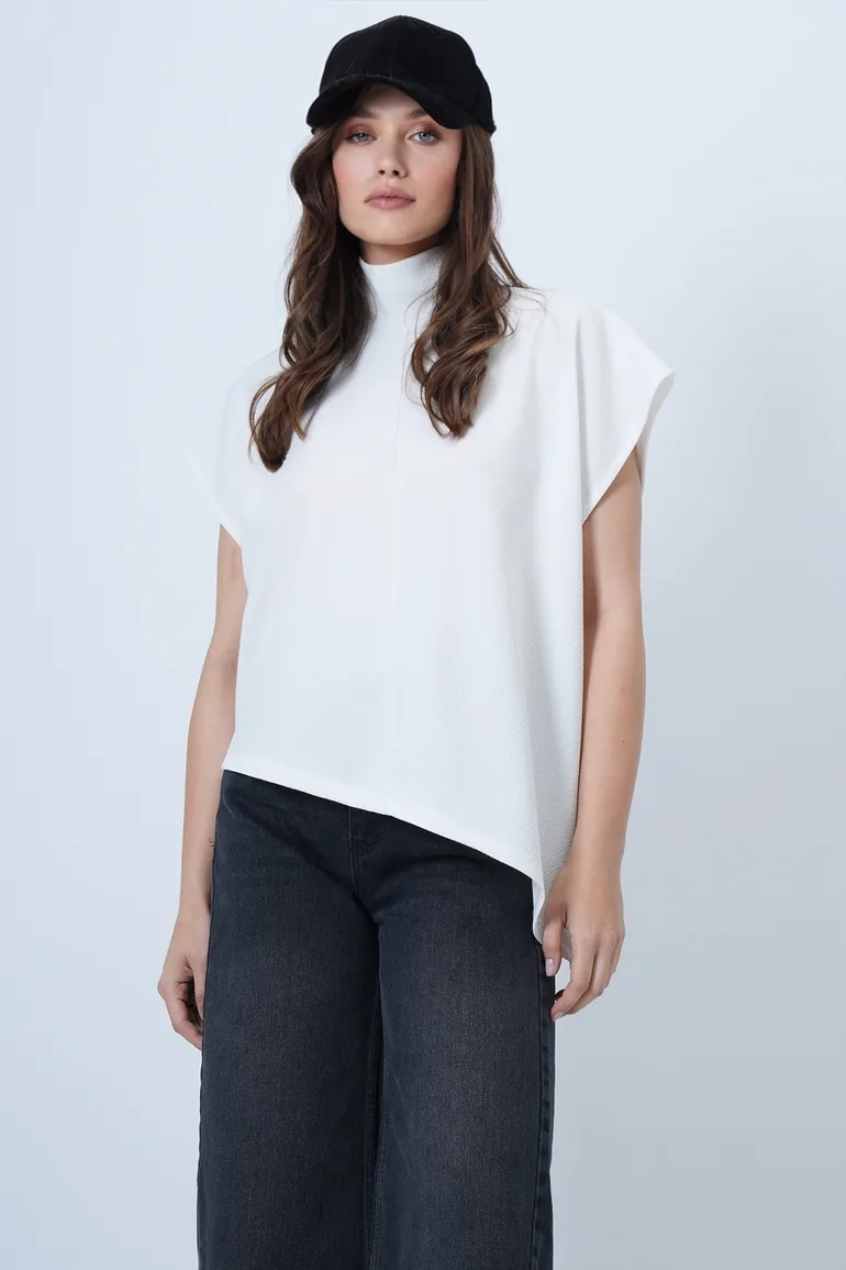 Women's White Mock Neck Asymmetrical Cut Sleeveless Blouse - 1