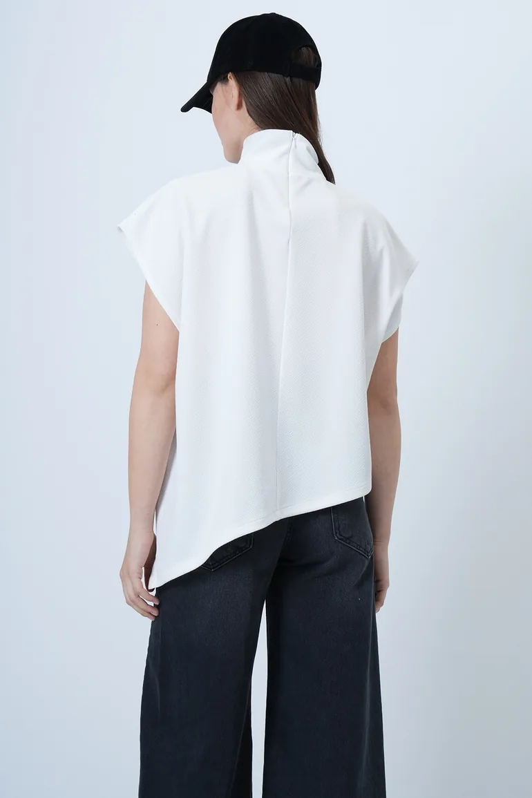 Women's White Mock Neck Asymmetrical Cut Sleeveless Blouse - 6