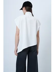 Women's White Mock Neck Asymmetrical Cut Sleeveless Blouse - 6