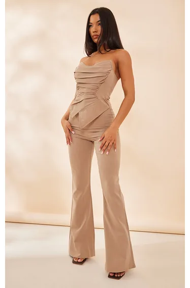 Taupe Ruched Pointed Corset Bandeau Jumpsuit