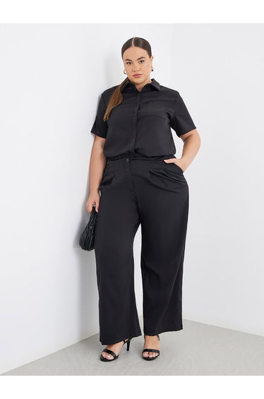 Plus Size Black Solid Shirt and Wide Leg Pants Co-Ords