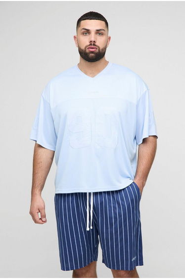 Plus Oversized Boxy Hockey Applique T-Shirt & Airtex Shorts Set - blue