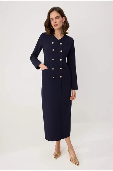 فستان ترينديول موديست بليزر كحلي ميداكسي بقصة مستقيمة بأكمام طويلة