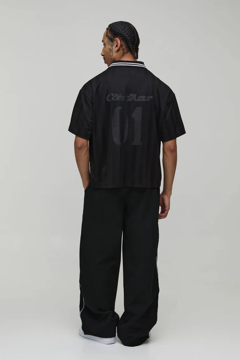 تيشيرت ميش فارسيتي مخطط بتصميم واسع عريض بياقة V - أسود - 1