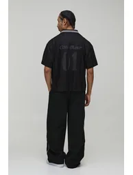 تيشيرت ميش فارسيتي مخطط بتصميم واسع عريض بياقة V - أسود - 1