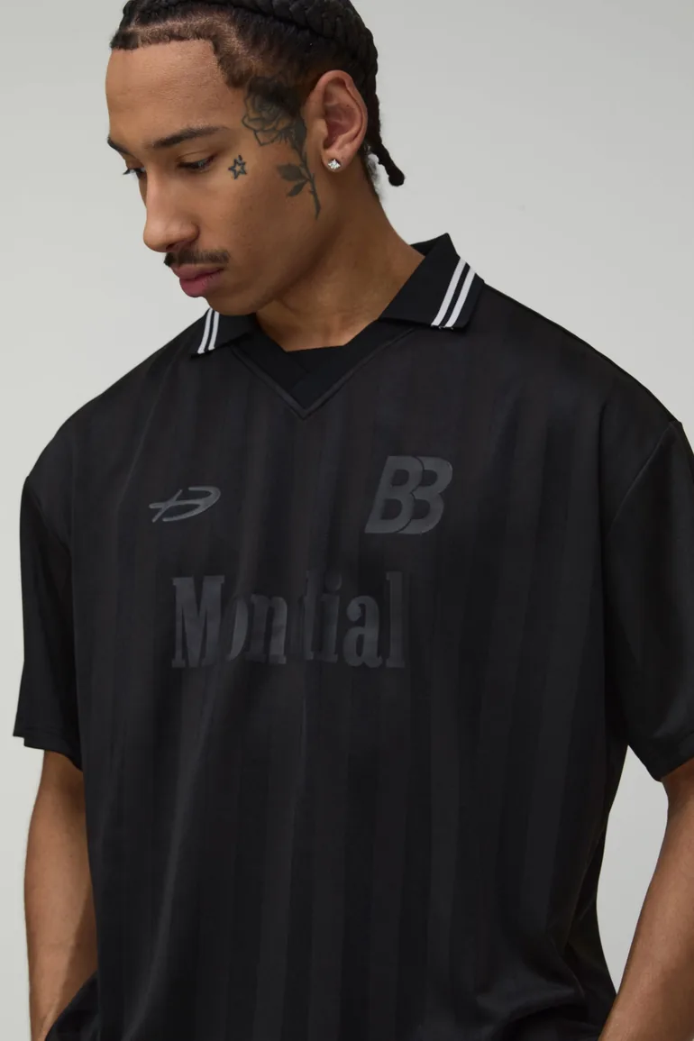 تيشيرت ميش فارسيتي مخطط بتصميم واسع عريض بياقة V - أسود - 2