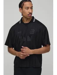 تيشيرت ميش فارسيتي مخطط بتصميم واسع عريض بياقة V - أسود